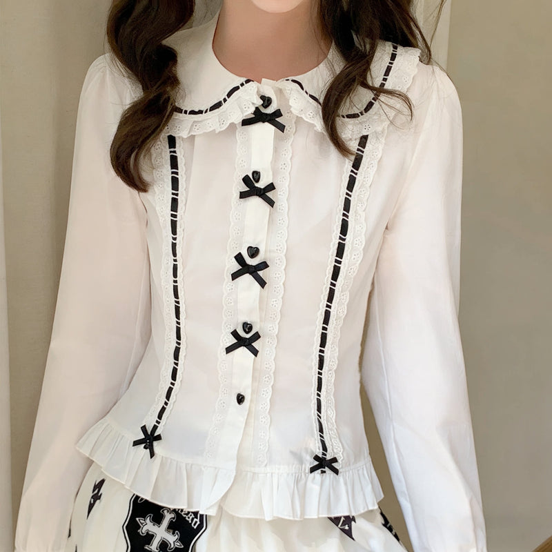 Lan Jian Chuan Ribbon Row blouse - Long Sleeve - White with Black Trim