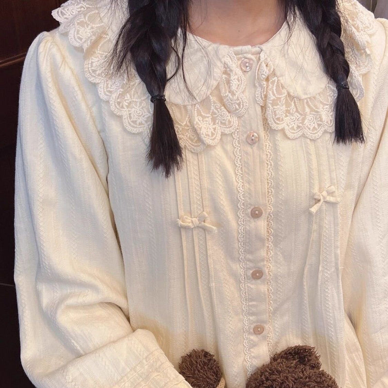 Huaqi Loli Lace Winter blouse - Cream - Lightweight - Long Sleeve