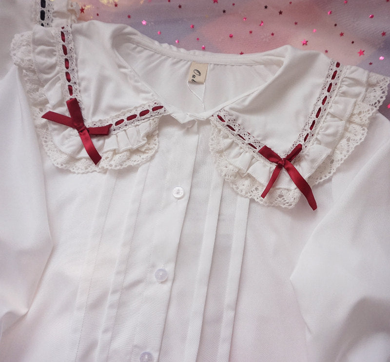 Tang Guo Jia Ribbon Collar blouse - Blouse with Red Ribbon Bows - Spring/Autumn / Blouse with Red Ribbon Bows - Fleece-lined