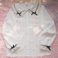 Tang Guo Jia - Ribbon Collar - Long Sleeve Blouse with Lace Cuffs - Blouse with Black Ribbon Bows - Spring/Autumn / S
