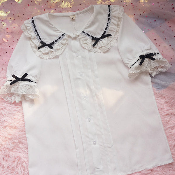 Tang Guo Jia Ribbon Collar blouse - Blouse with Black Ribbon Bows