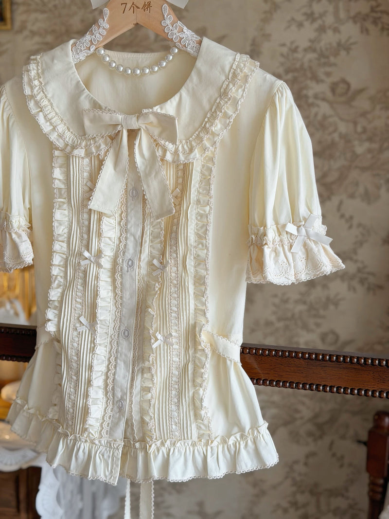 Mi Tao Sheng Xia Feng Qin Zhi Xia blouse - Ecru - Short Sleeve - Waist-shaped