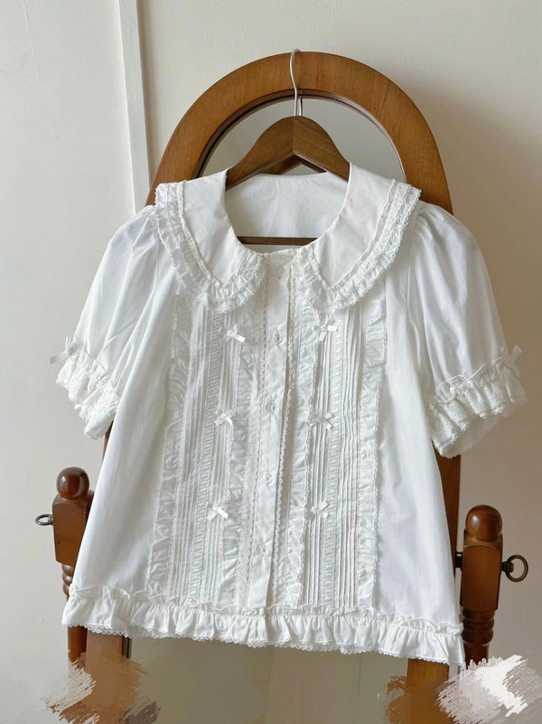 Mi Tao Sheng Xia Feng Qin Zhi Xia blouse - White - Short Sleeve