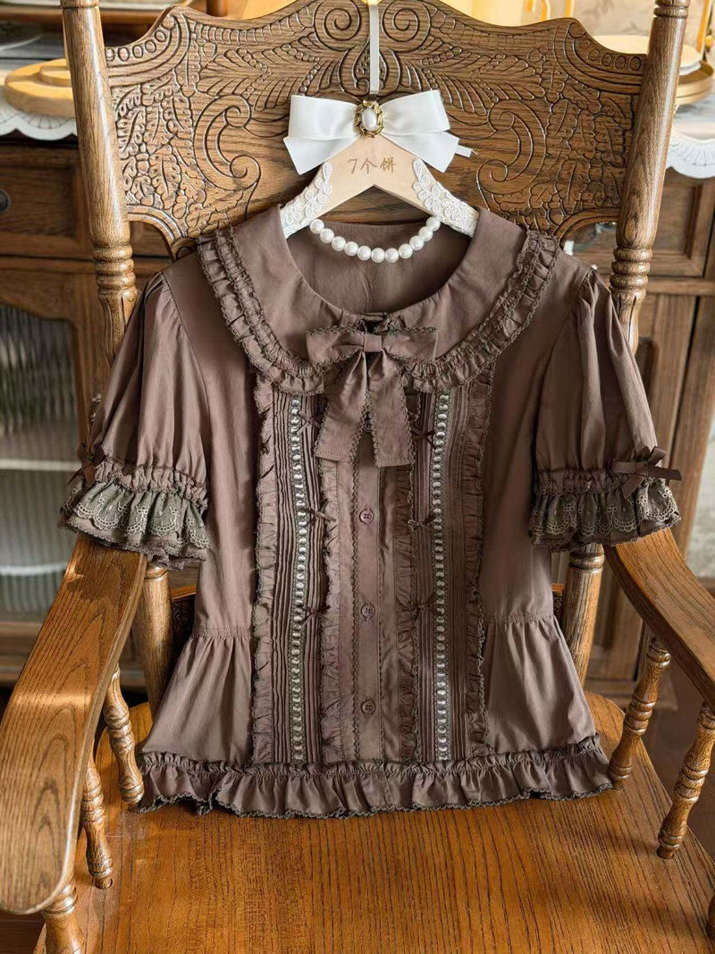 Mi Tao Sheng Xia Feng Qin Zhi Xia blouse - Brown - Short Sleeve - Waist-shaped