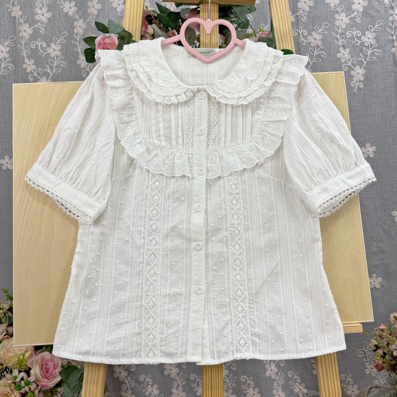 Di Meng Fen Shi Star Rain blouse - Blouse - Rounded Collar - Short SleeveIvory