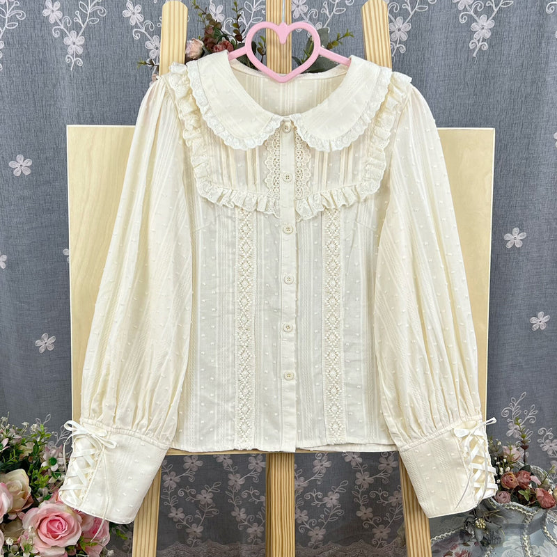 Di Meng Fen Shi Star Rain blouse - Blouse - Rounded Collar - Long SleevePale Apricot
