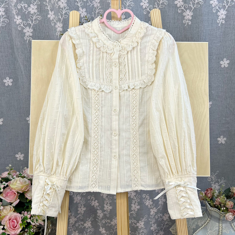 Di Meng Fen Shi Star Rain blouse - Blouse - Stand Collar - Long SleevePale Apricot