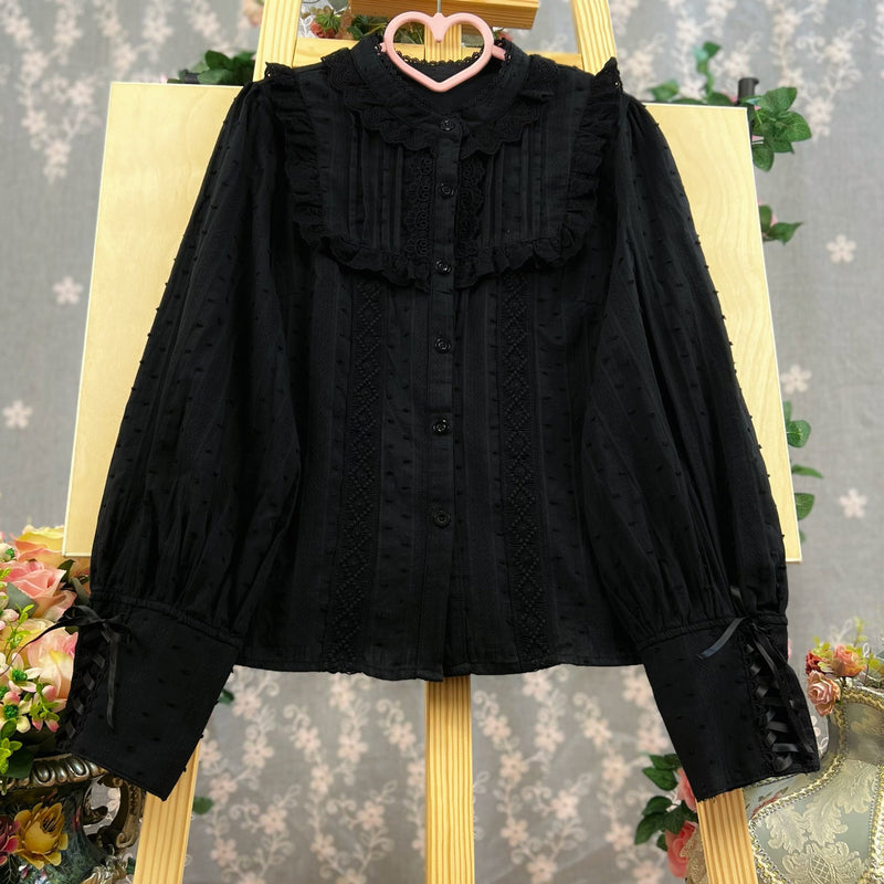 Di Meng Fen Shi Star Rain blouse - Blouse - Stand Collar - Long SleeveBlack