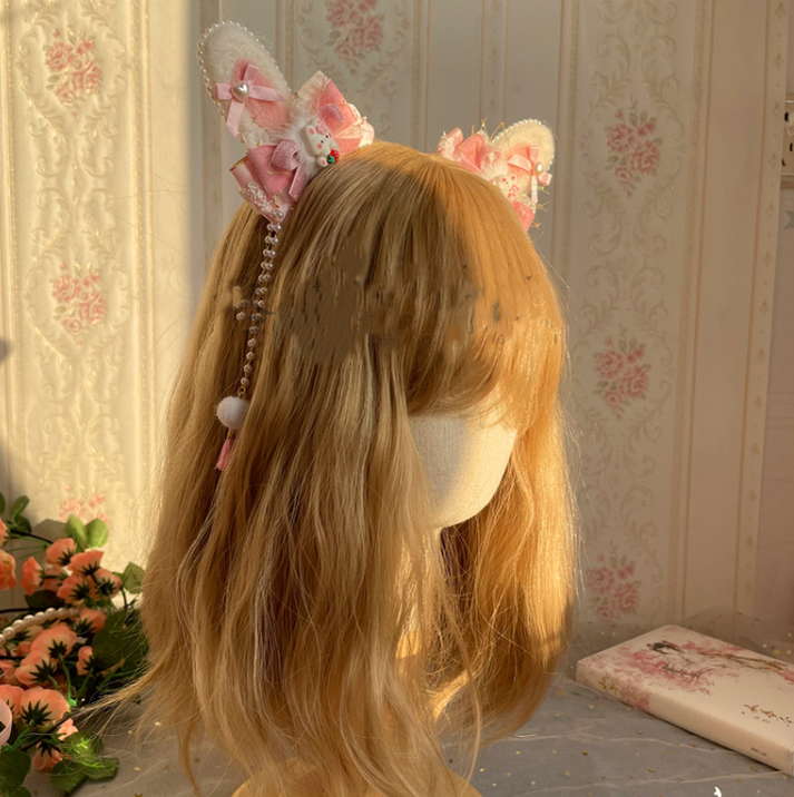 Luoluo Decoration - Han Lolita Rabbit Ears - Light Pink Head Accessory with Bow and Beaded Chain - product detail 6