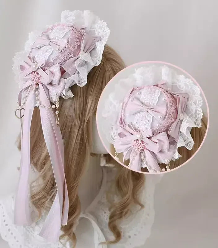Xiaogui - Christmas Classic Lolita Lace Bow Ice Blue Bonnet Christmas G Lolita Small Bonnet Pink