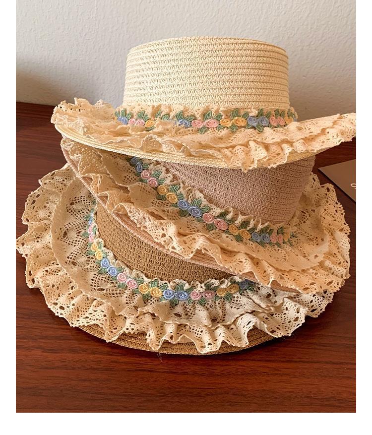 French Lolita Lace Trim Straw Hat for Women Summer Wide Brim Flat Top Sun Hat Beach Sunshade