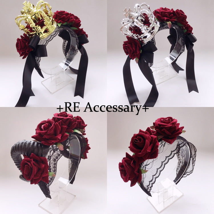 Christmas Gothic Crown Red Rose Headband Lolita Ribbon Hair Accessory Vintage Festival Party Veil Accessory - Lolita Fetch