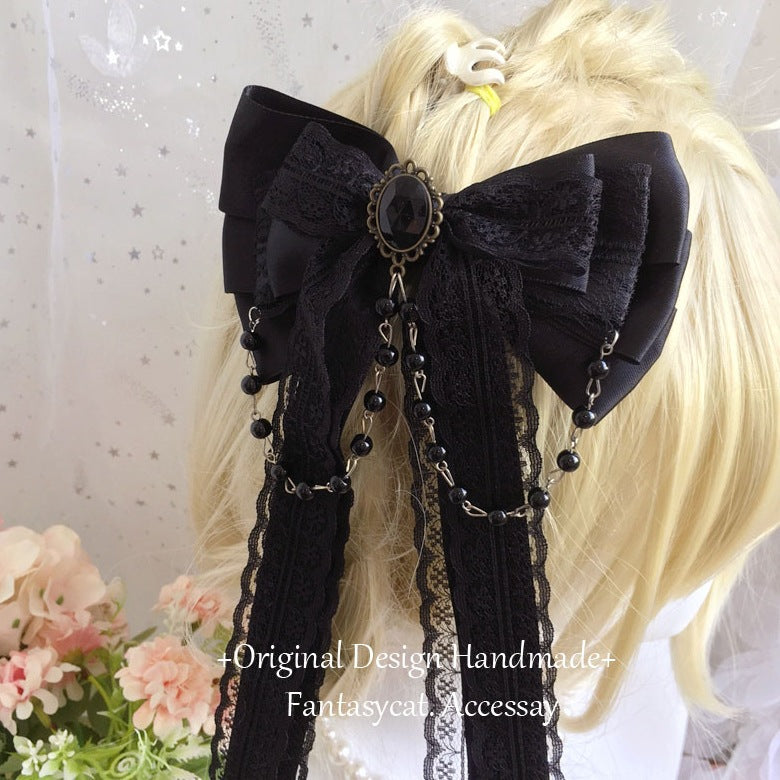 Subculture Lolita Girl Hair Clip Bow Ribbon Fairy Hair Accessory Lolita Bead Chain Hairpin Side Clip Top Clip