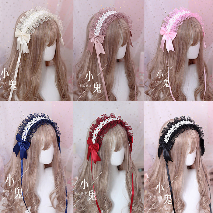 White lace LolitaFetch soft girl headband with dark gothic accents, versatile hair accessory and dark gothic Lolita headdress.