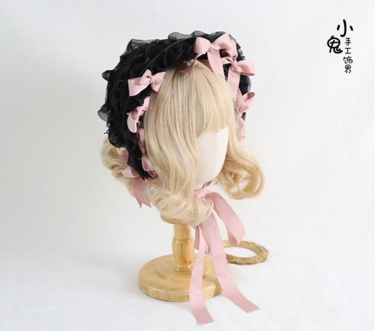 Xiaogui - Classic Lolita Lace Bonnet Hat - Detachable Bows Headwear