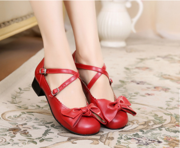 Sosic - Bow and Low Heel Cross Band Lolita - Leather Shoes Shoes