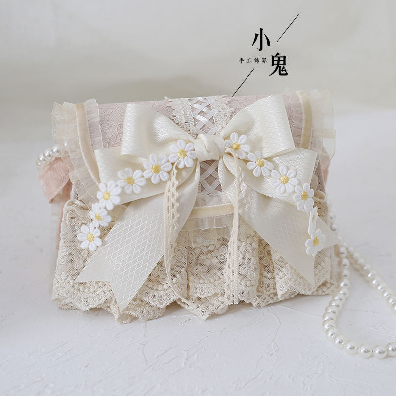 Original Lolita Forest Style Elegant Daisy Handbag - Pearl & Lace Chain Crossbody Bag