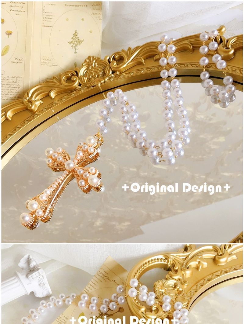 Gothic Retro Girl's Prayer Lolita Pearl Gold Lolita Cross Necklace Eur