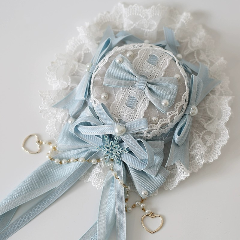 Xiaogui - Christmas Classic Lolita Lace Bow - Ice Blue Bonnet Headwear