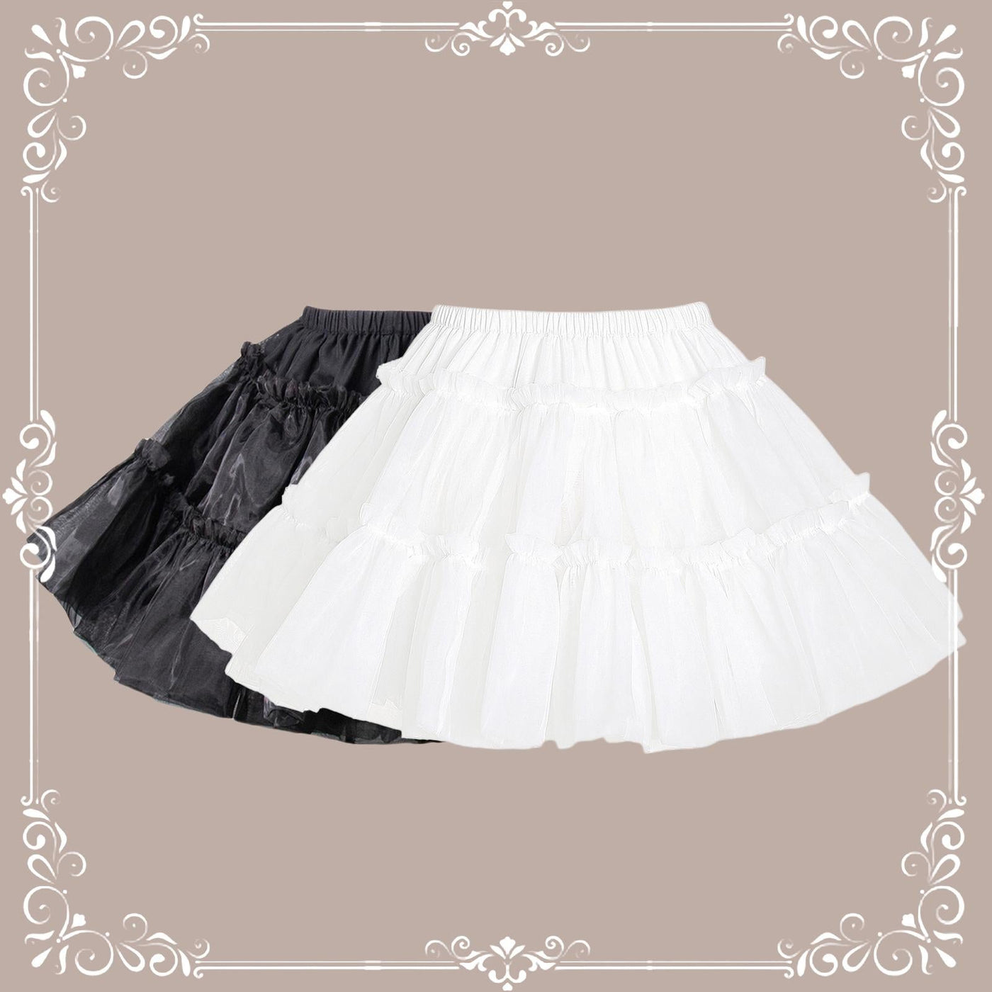 White and black short A-line petticoats with gathered tiered volume