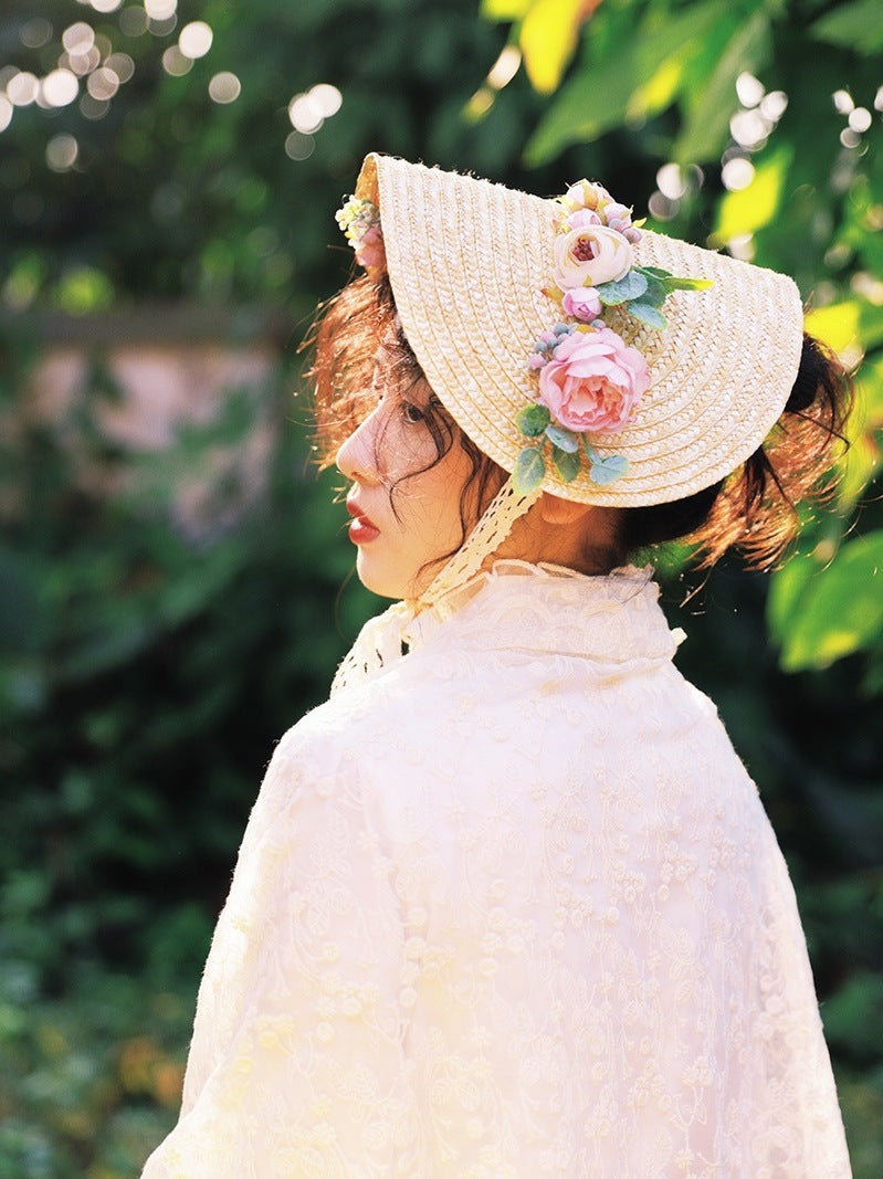 Wanqian Original Straw Hat Flat Hat Lolita Handmade Tea Party Pastoral Bonnet French Retro Photo Bntbb Hat
