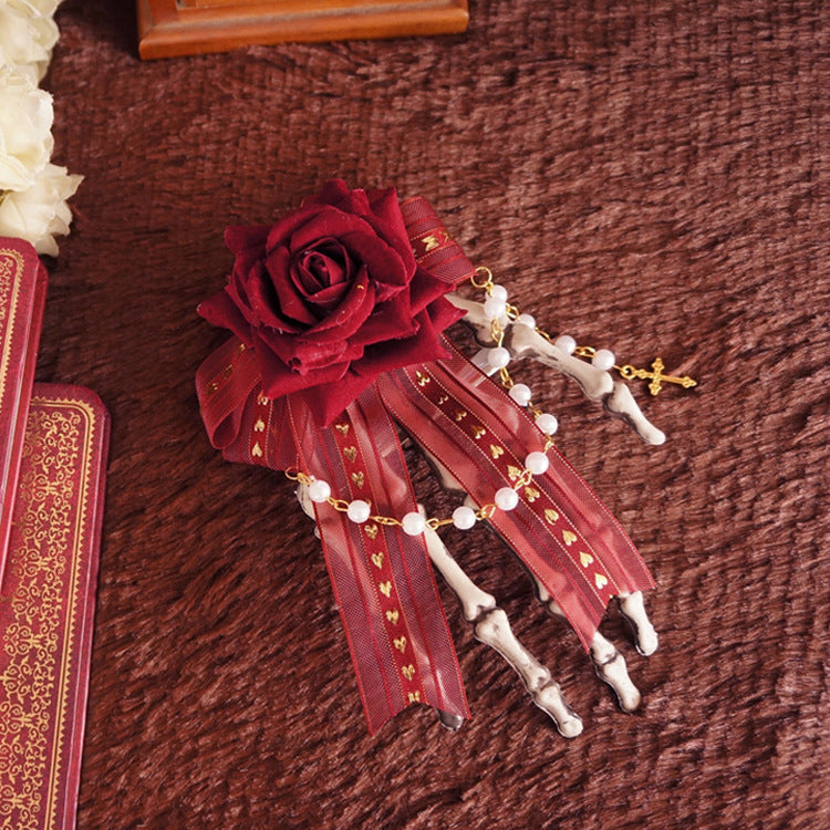 Halloween Gothic Lolita Pearl Chain Hair Clip Dark Style Skull Claw Wing Bow Hair Clip Brooch