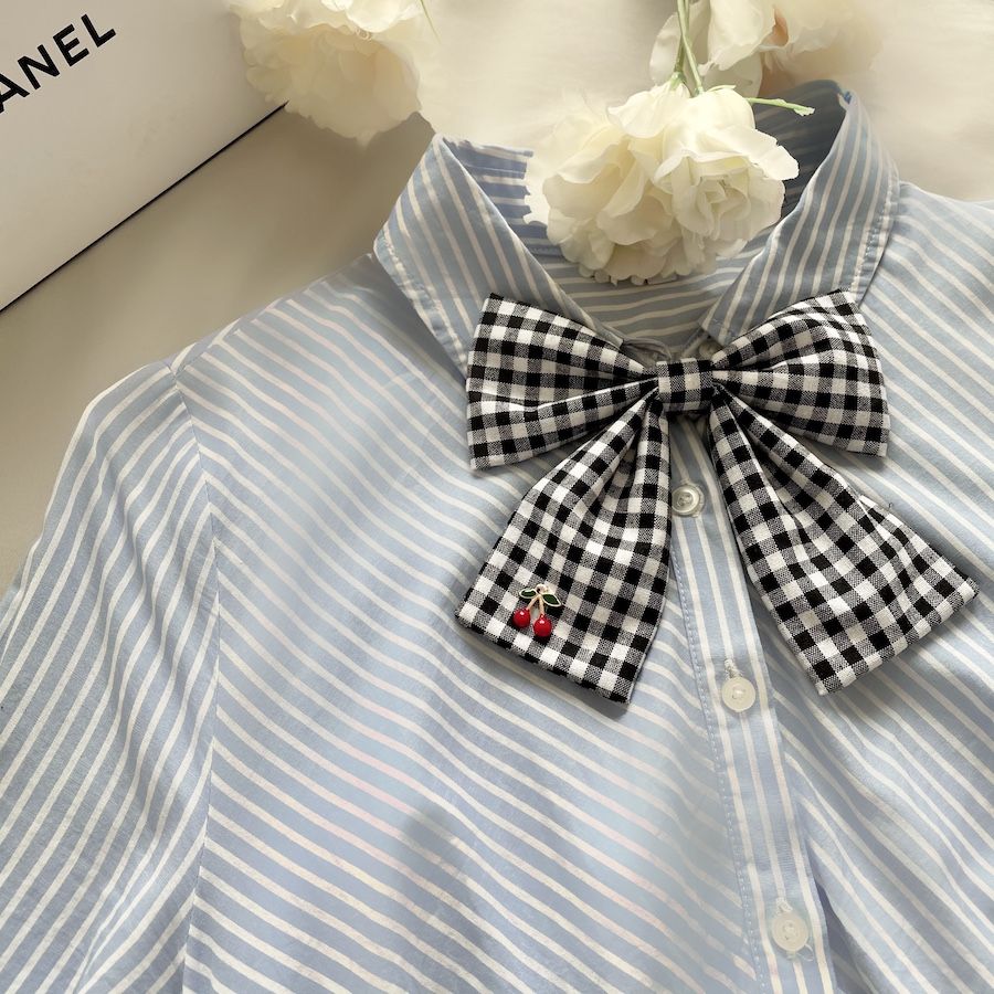 Handmade - Cherry Gingham Bow - Stainless-Steel Brooch - detail view 4