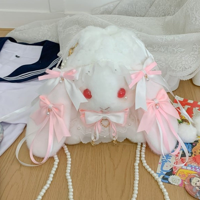 Lop-Eared Bunny Lolita Pearl Chain Doll Bag – 2025 Cute Bow Plush Shoulder Bag