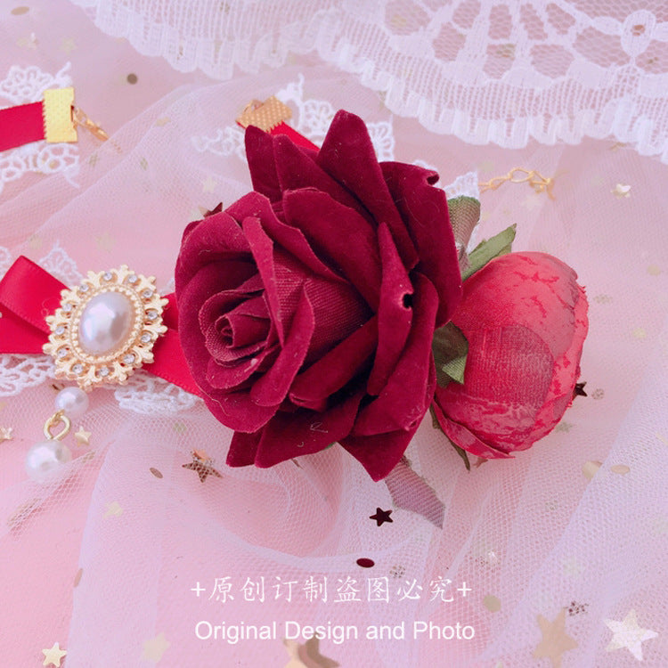 Christmas Lolita Handmade Necklace Pink Bridal Flower Necklace Tea Party Lace Pendant Pearl Choker