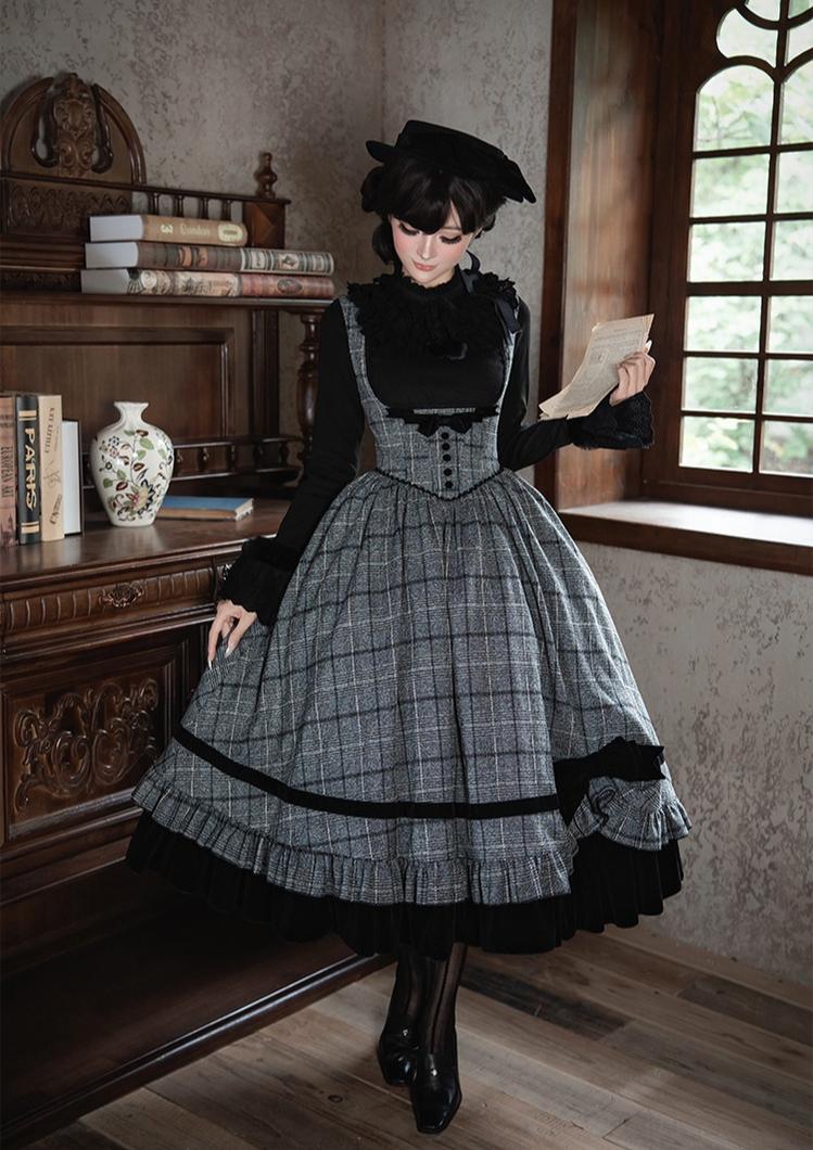 With PUJI - Yesterday's Epistle - Winter Classic Lolita Plaid Dress Set, Fishbone Waist
