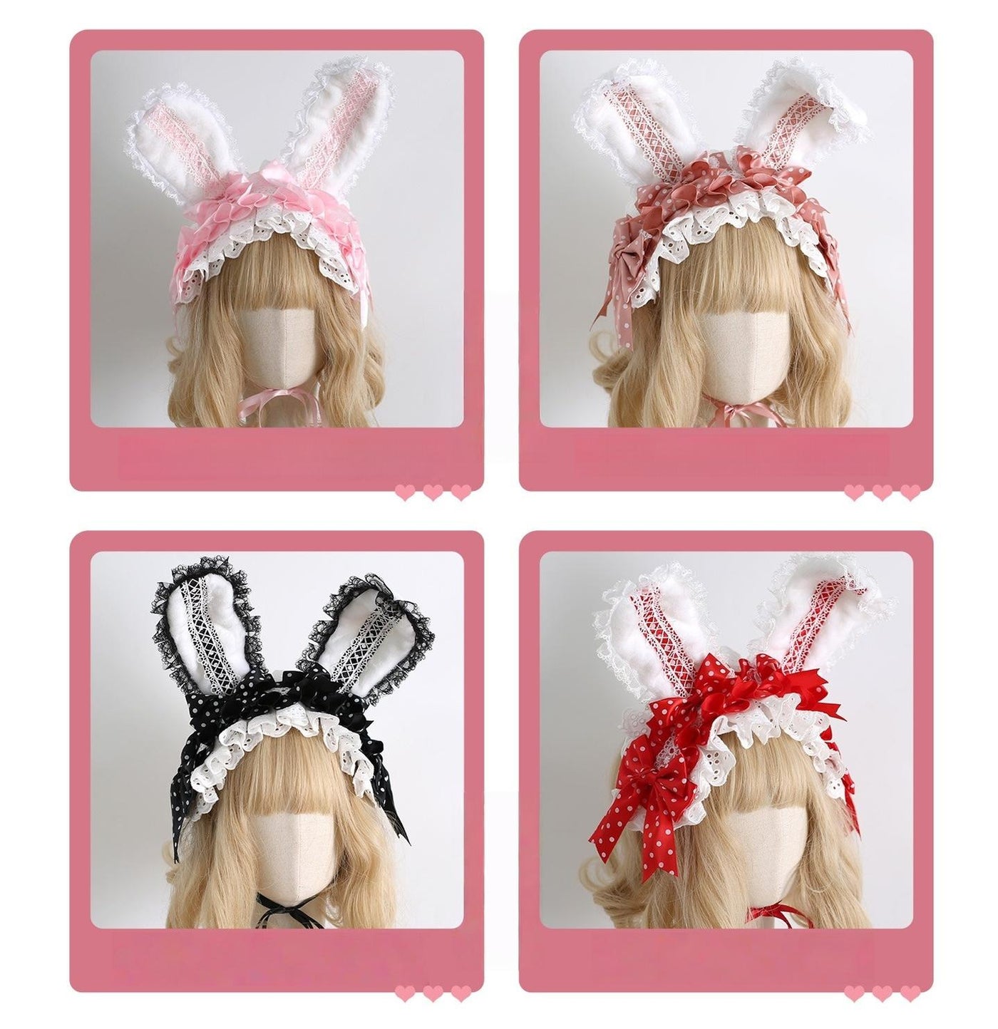 Xiaogui - Sweet Lolita Polka Dot Lace Hairband - Shapeable Bunny Ears Headwear