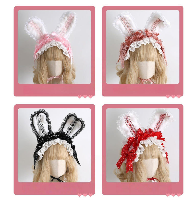 Xiaogui - Sweet Lolita Polka Dot Lace Hairband - Shapeable Bunny Ears Headwear