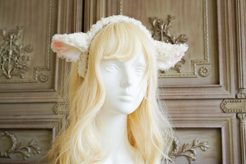 Handmade Lolita Sheep Ear Headband with soft animal hair, pink and white plush sheep ears, perfect for cute animal-themed hair accessories.