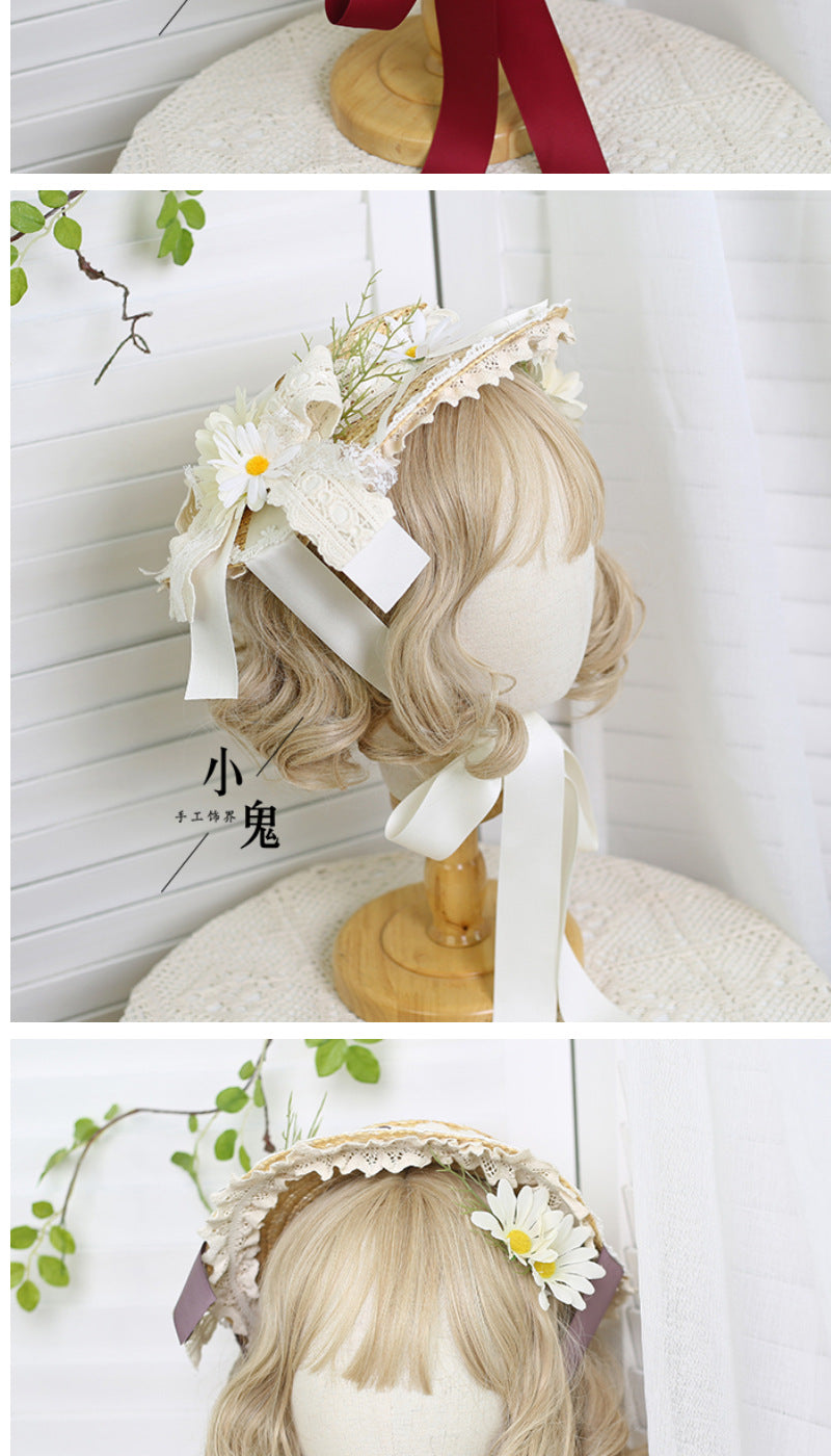 Original Lolita Straw Hat Flower Elegant Flat Hat Top Hat Bridal Tea Party Gorgeous Hat Han Western Eclectic Reminiscence - Lolita Fetch
