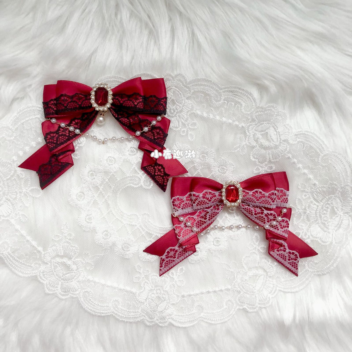 Handmade - Crystal Lace Bow - Clip, Brooch or Bag Charm - detail view 10