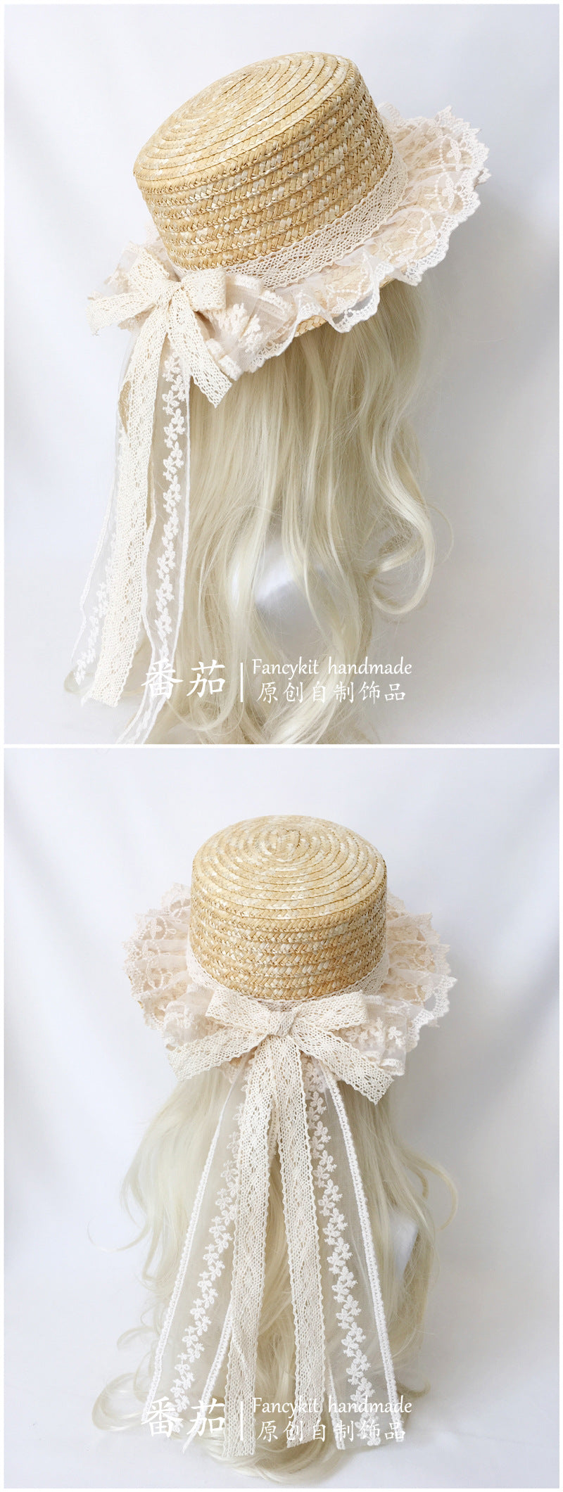 FanQ Handmade [Xuanxia] Mori Girl Style Bowknot Straw Hat Lolita Natural Color Lace Wide Brim Hat Summer Sunshade