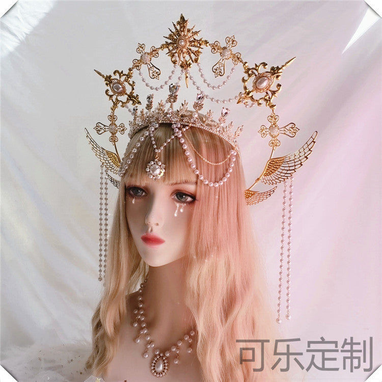 Handmade Virgin Mary Halo Angel Headband with ornate crown, featuring intricate details and delicate design for OP dress by LolitaFetch.