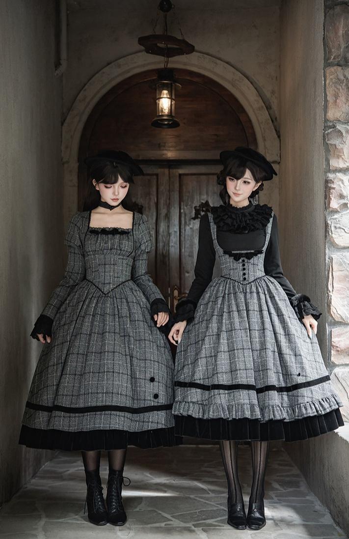 With PUJI - Yesterday's Epistle - Winter Classic Lolita Plaid Dress Set, Fishbone Waist