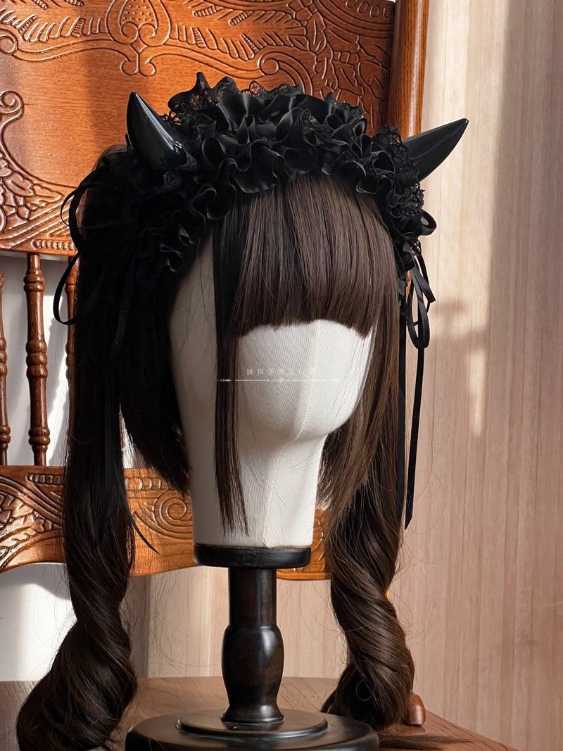 Original Handmade Lolita Multi-color Devil Horn Gothic Headband Multi-layer Lace Trim Hair Accessory