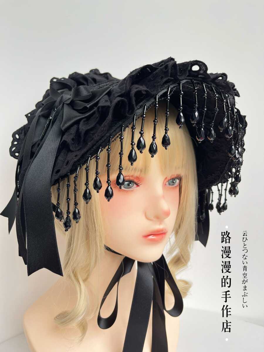 Original Lolita Handmade Gothic Dark Widow Hat Black Pearl Tassel Lace Black Rose Feather Photo Prop