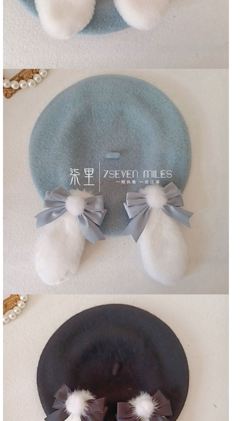 Long-Eared Rabbit  Beret Handmade Bow Lolita Girl Sweet Cute Woolen Hat for Women