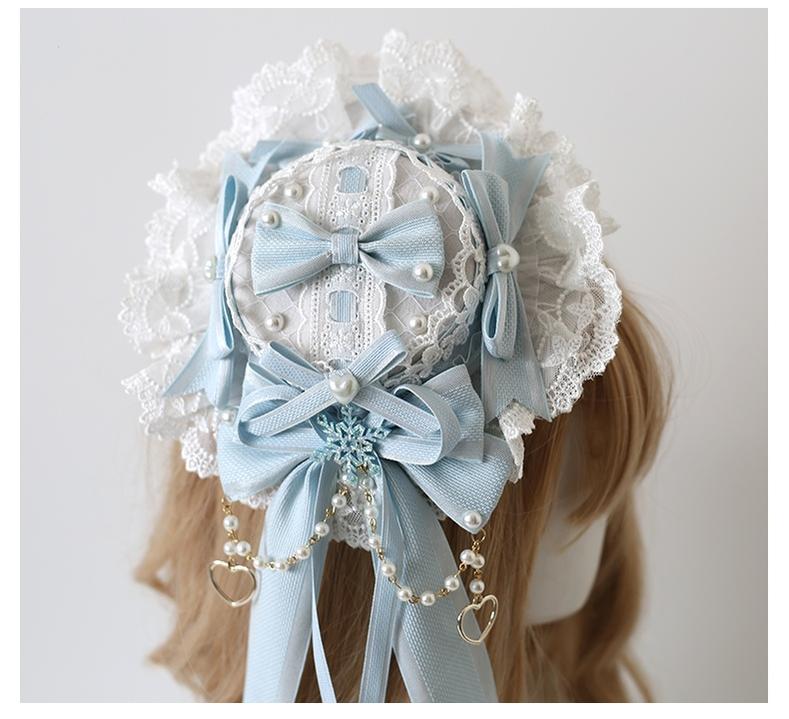 Xiaogui - Christmas Classic Lolita Lace Bow - Ice Blue Bonnet Headwear