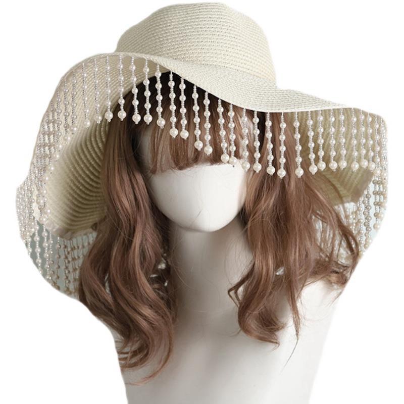 Lolita Straw Hat for Women Summer Han-Yang Eclectic Hanfu Tassel Retro Sunshade Wide Brim Hat for Women