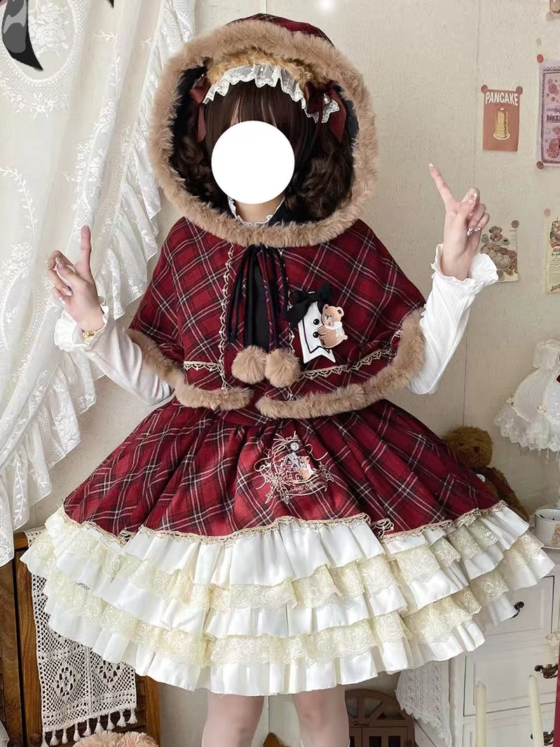 OCELOT - Kurikuma Cocoa - Christmas Plaid Lolita JSK, Hooded Cape