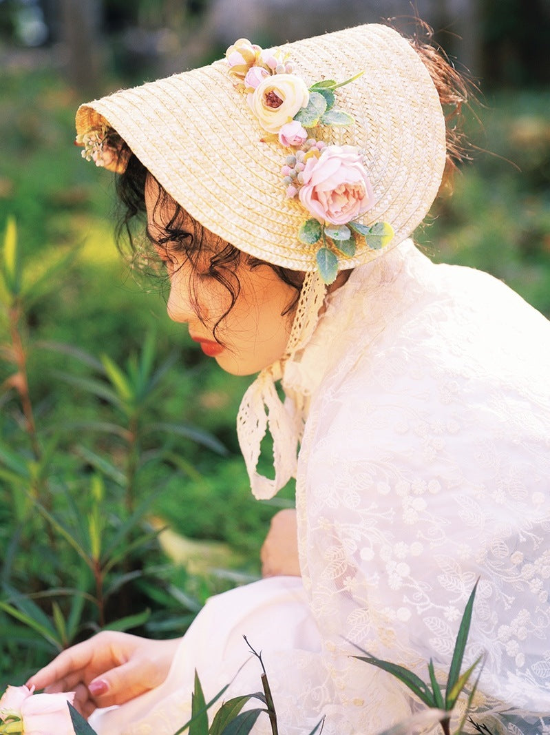 Wanqian Original Straw Hat Flat Hat Lolita Handmade Tea Party Pastoral Bonnet French Retro Photo Bntbb Hat