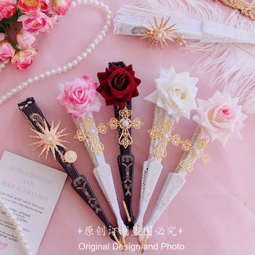 Lolita Lace Fan Gorgeous Retro European Style Rose Folding Fan Tea Party Dark Gothic Comic Con Cosplay Prop