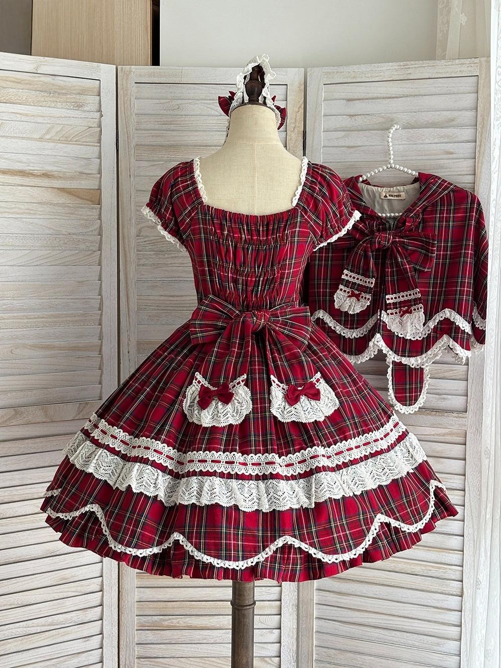Miss Point - Plaid Petal Bunny - Old School Lolita Plaid OP Dress, Petal-shaped Hem