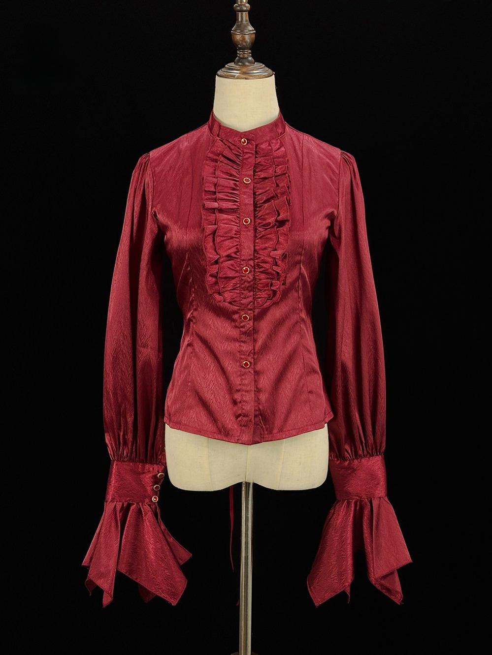 Moonnight Return - Stand Collar Ouji Lolita Shirt, Irregular Cuffs Red XS