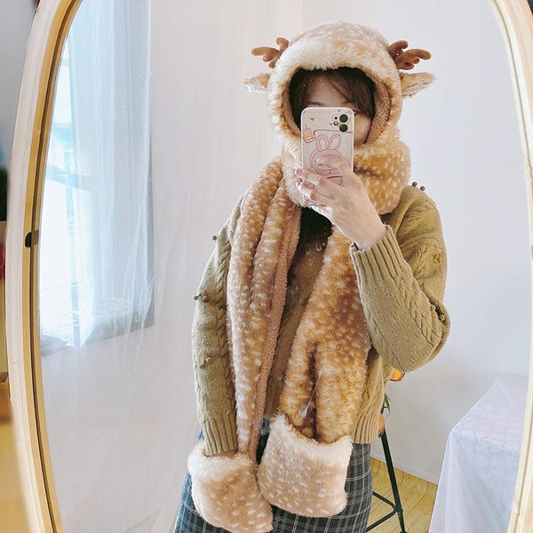 Xiaogui - Winter Kawaii Lolita Hat Antler - Plush 3-in-1 Set Headwear