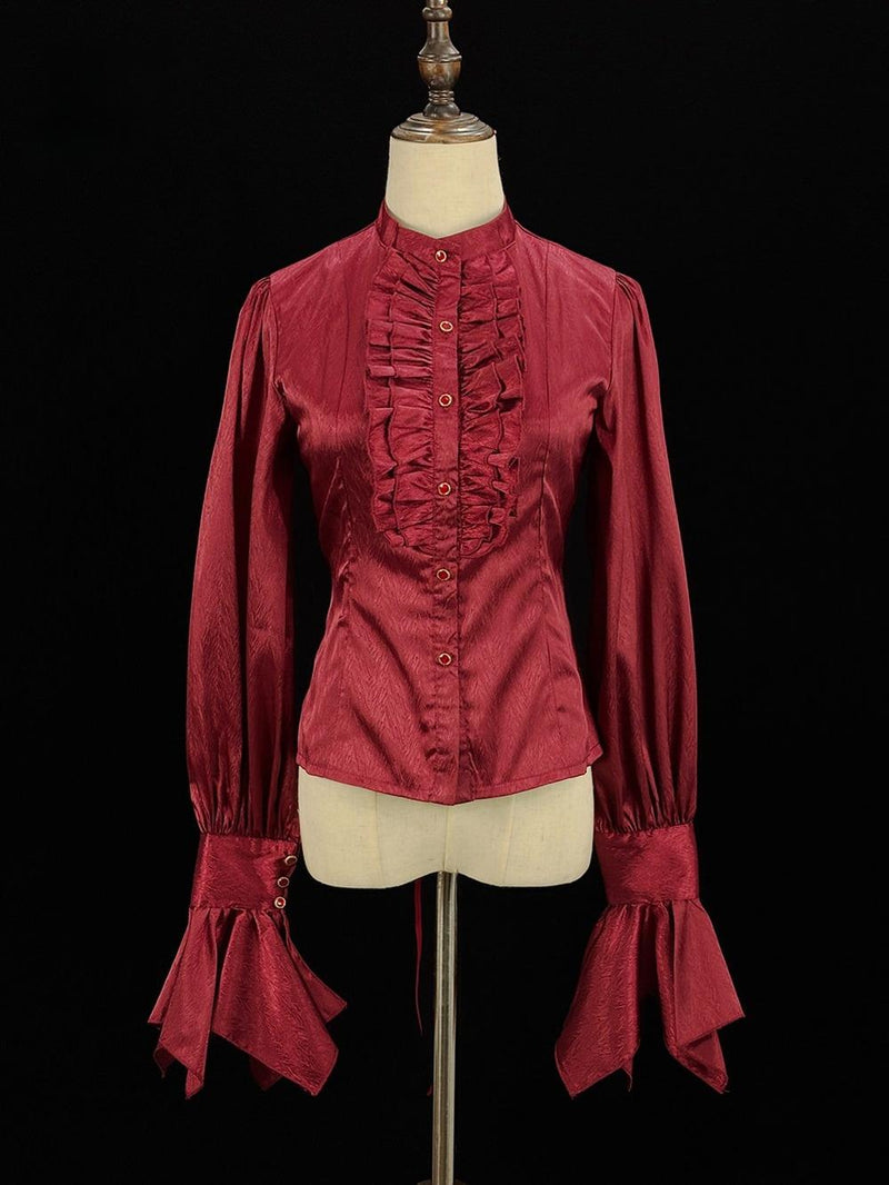 Moonnight Return - Stand Collar Ouji Lolita Shirt, Irregular Cuffs Red XS